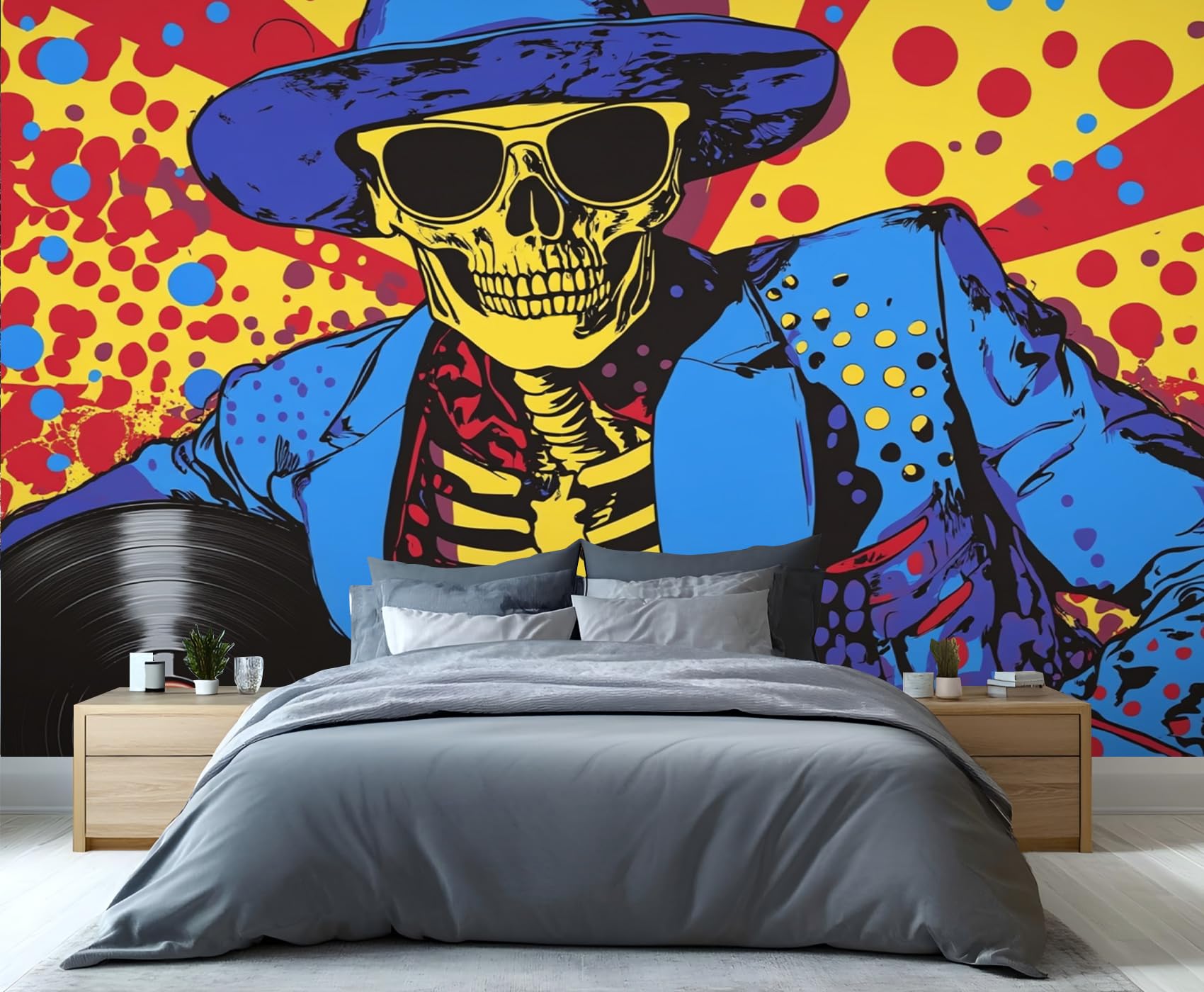 YXQAIED Black Record Wallpaper, Street Music Bedroom Wall Paper, Not Self Adhesive Gothic Wallpaper for Living Room, Skull Photo 3D Wall Murals & Room Decor, 366x254cm