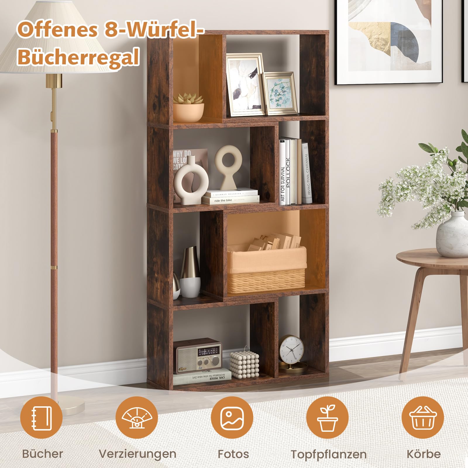 GOPLUS Bücherregal mit 8 Fächern, Regal in geometrischer Form, Würfelregal mit offener Rückseite, Raumteiler Regal Aufbewahrungsregal Büroregal für Schlafzimmer, Wohnzimmer, 60 x 20 x 120 cm (Braun)