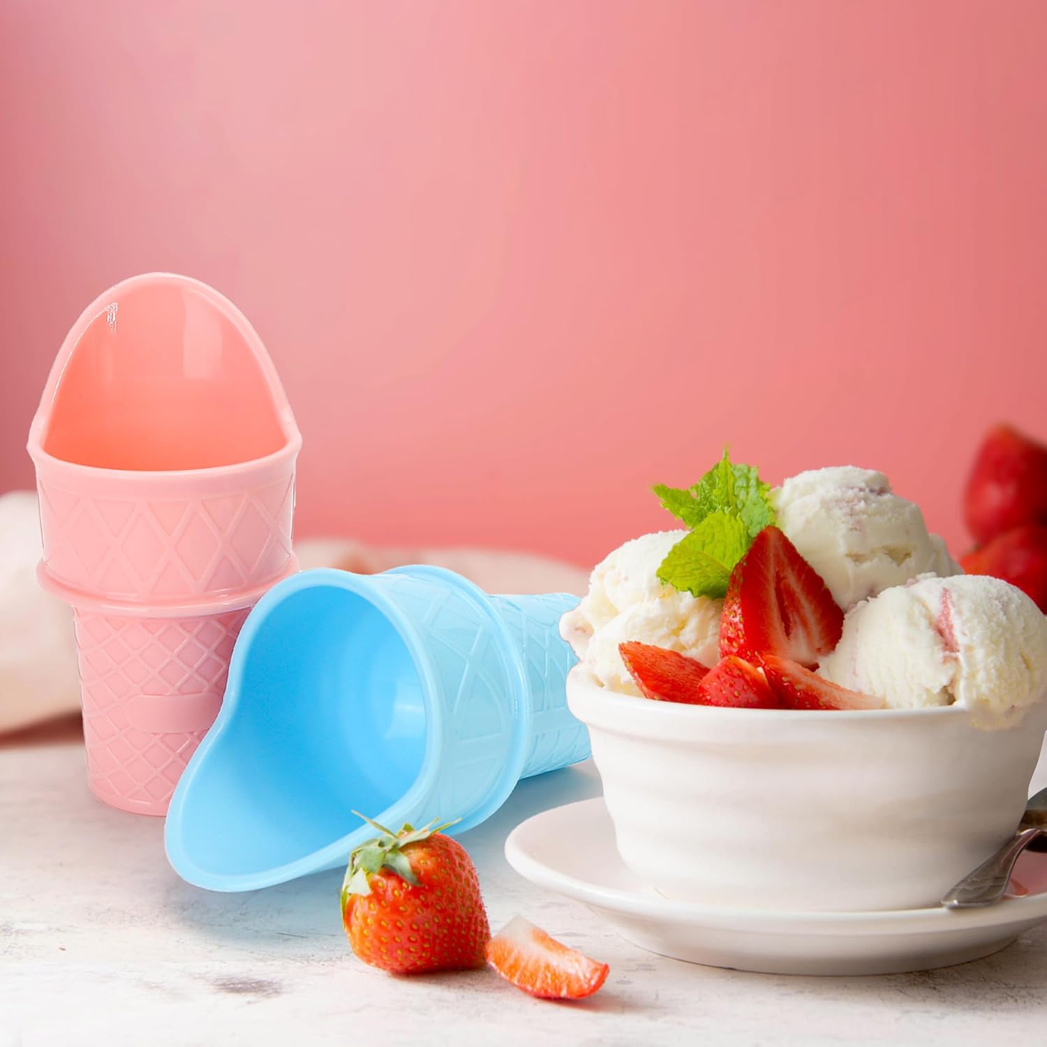 8PCS Plastic Ice Cream Cone Holder Cup Spoon, Reusable Mini Ice Cream Cones Scoop, 2024 New Cone Shaped Ice Cream Scoop, Food Grade Ice Cream Snow Cone Rack for Birthday Party Wedding Home (Blue,Pink)