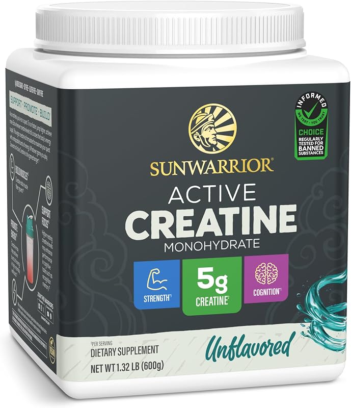 Suplemento de recuperación preentrenamiento micronizado en polvo de monohidrato de creatina Sunwarrior | Apoya la cognición del entrenamiento de fuerza del desarrollo muscular | Tamaño a granel vegano y apto para dietas cetogénicas (120 porciones) Sin sabor