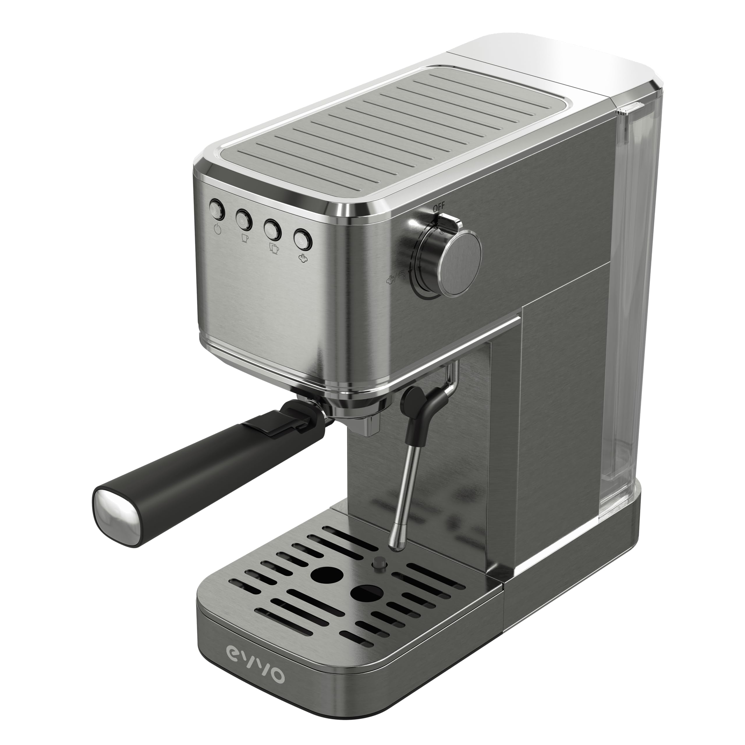 EVVO Caffettiera Express Intensa, Pressione 20 bar, Corpo in Acciaio, Espressi e Capuccini, 1350 W, Doppia uscita, Portafiltri, Serbatoio da 1,2 l, Riscaldamento Rapido (Steel, Senza Manometro)
