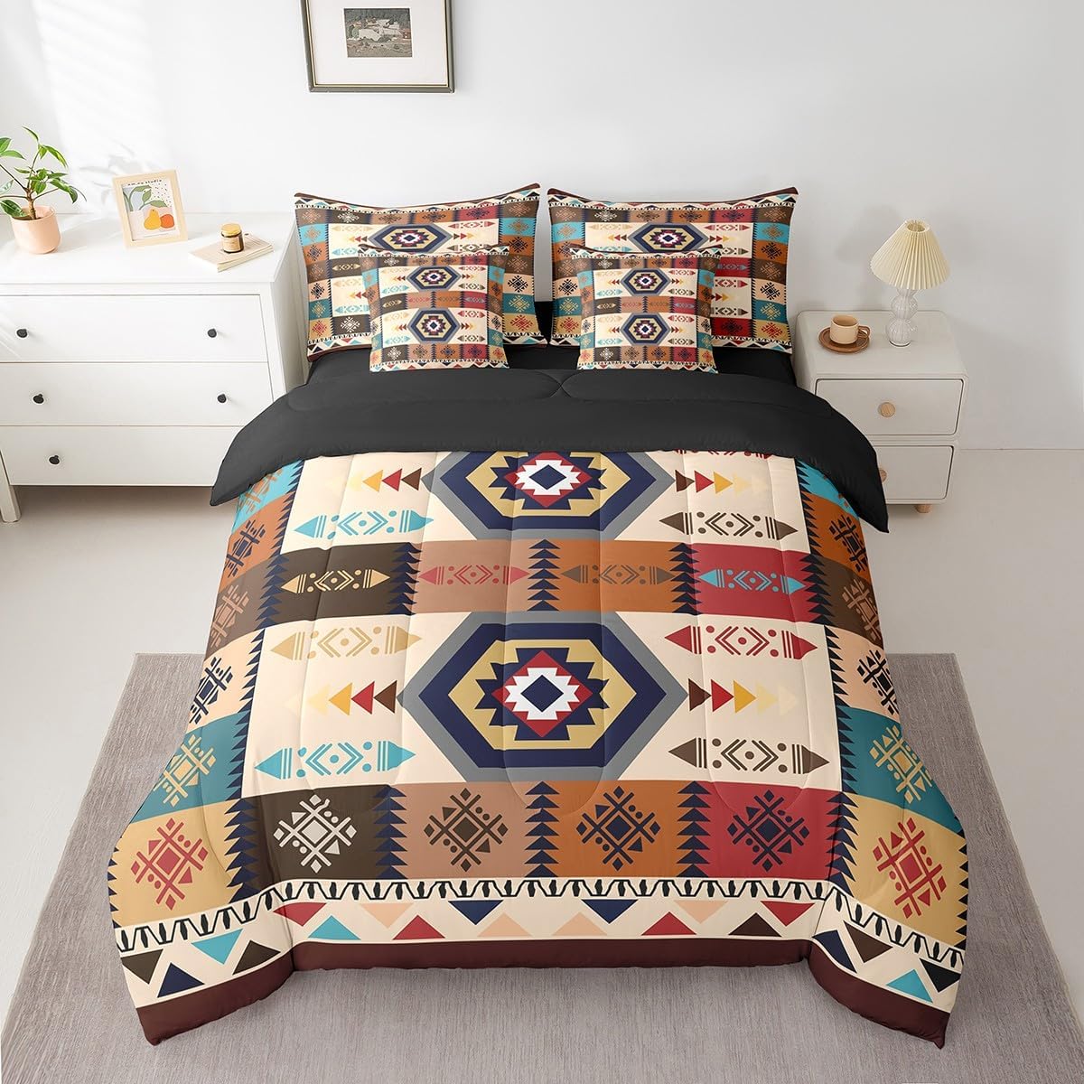 Feelyou Southwestern Bedding Set Queen Size Geometric Comforter Set 7 Pieces Tribal Western Decor Native American Design Bed in a Bag for Orange Bed Set with Comforter, Sheet Set, Pillowcases