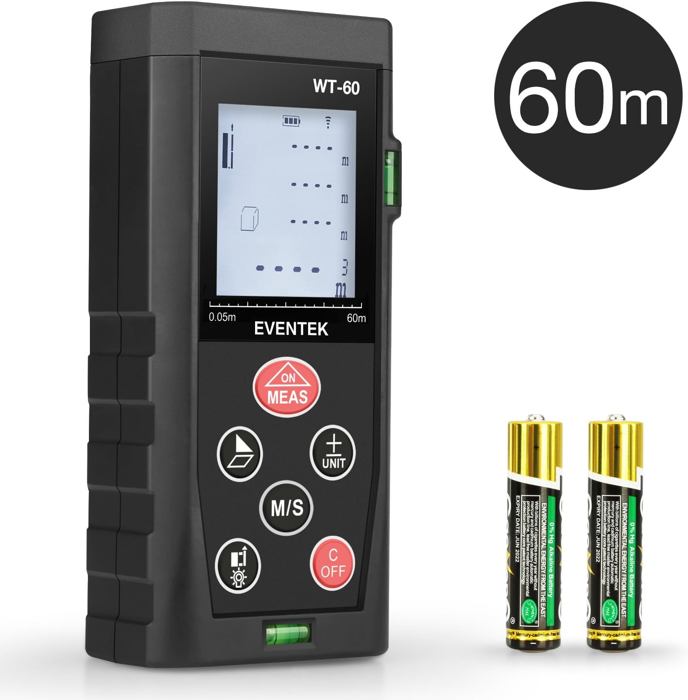 Laser Distance Meter 60m(197ft), Eventek Portable Laser Measure Tool with Backlight 2 Bubble Levels, Distance Measure for Volume/Area/Pythagorean Batteries Included