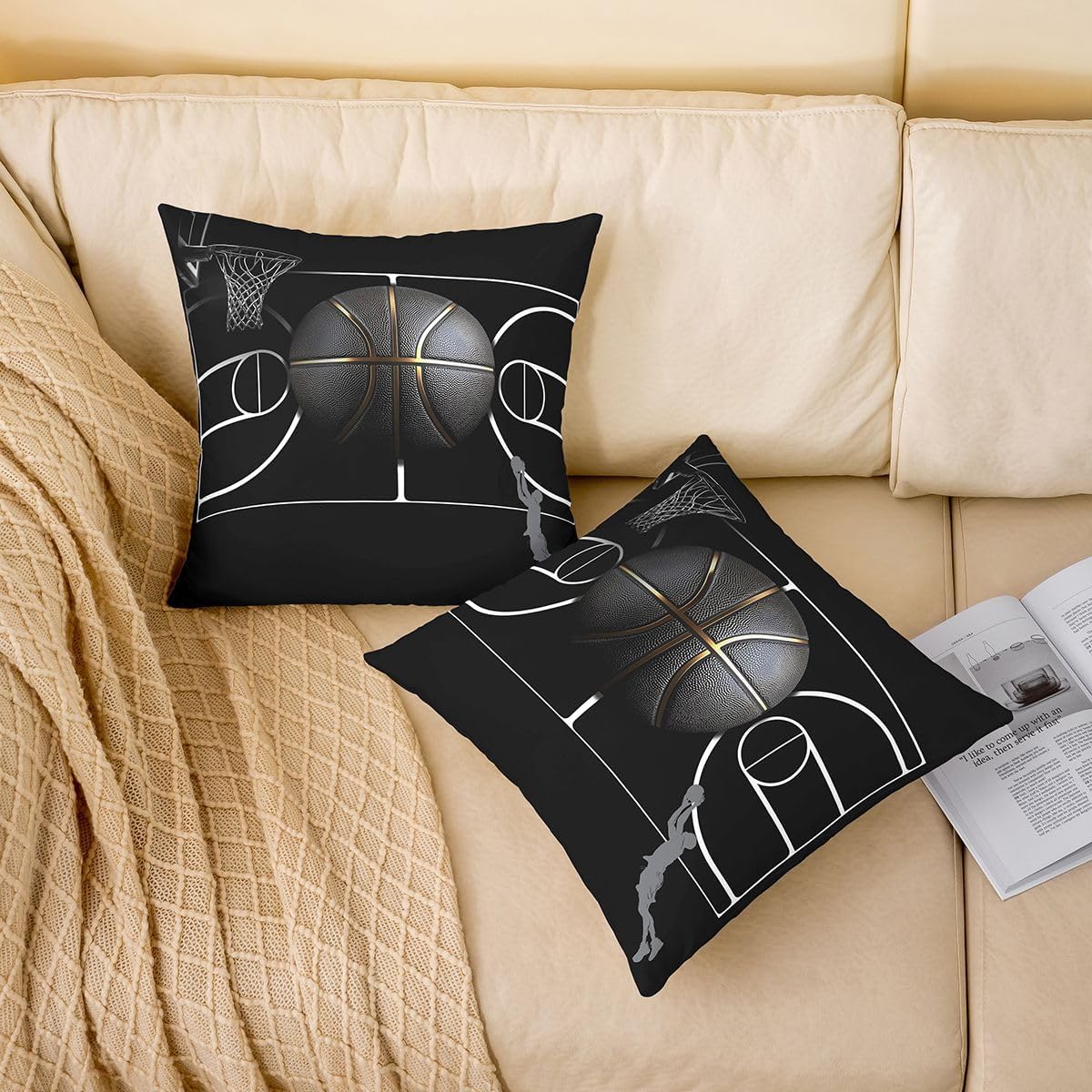 Feelyou Basketball Throw Pillow Covers Set of 2 Ball Games Square Cushion Covers Gaming Sports Pillow Case Gift for Basketball Lover Cushion Case for Couch Sofa Bedroom Decor 24 x 24-Inch image 2
