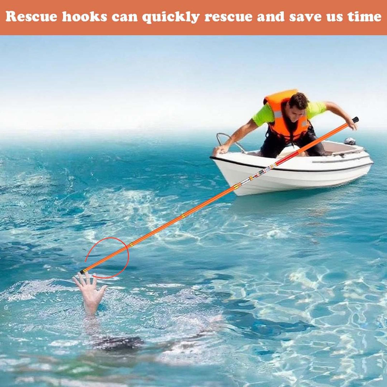 Gancho Rescate con Poste Rescate Acuático,Poste Telescópico Ajustable Fibra De Vidrio De Alta Resistencia para Salvamento Emergencia En Ahogamientos,Rescue Pole,6.5m