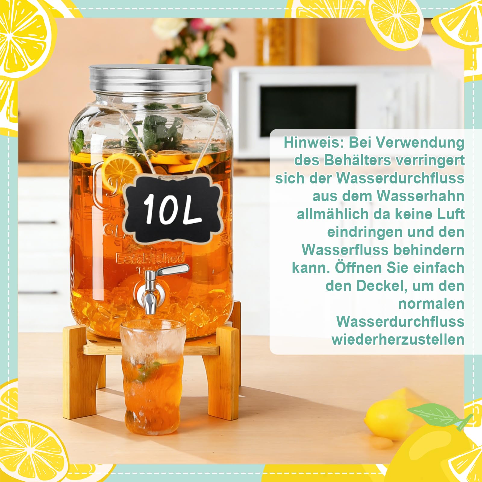 Dispensador de bebidas de 10 L con soporte y tapa, dispensador de limonada con grifo de vidrio de borasilicato resistente al calor con grifo inoxidable para jardín, buffet, fiesta y cocina, bodas