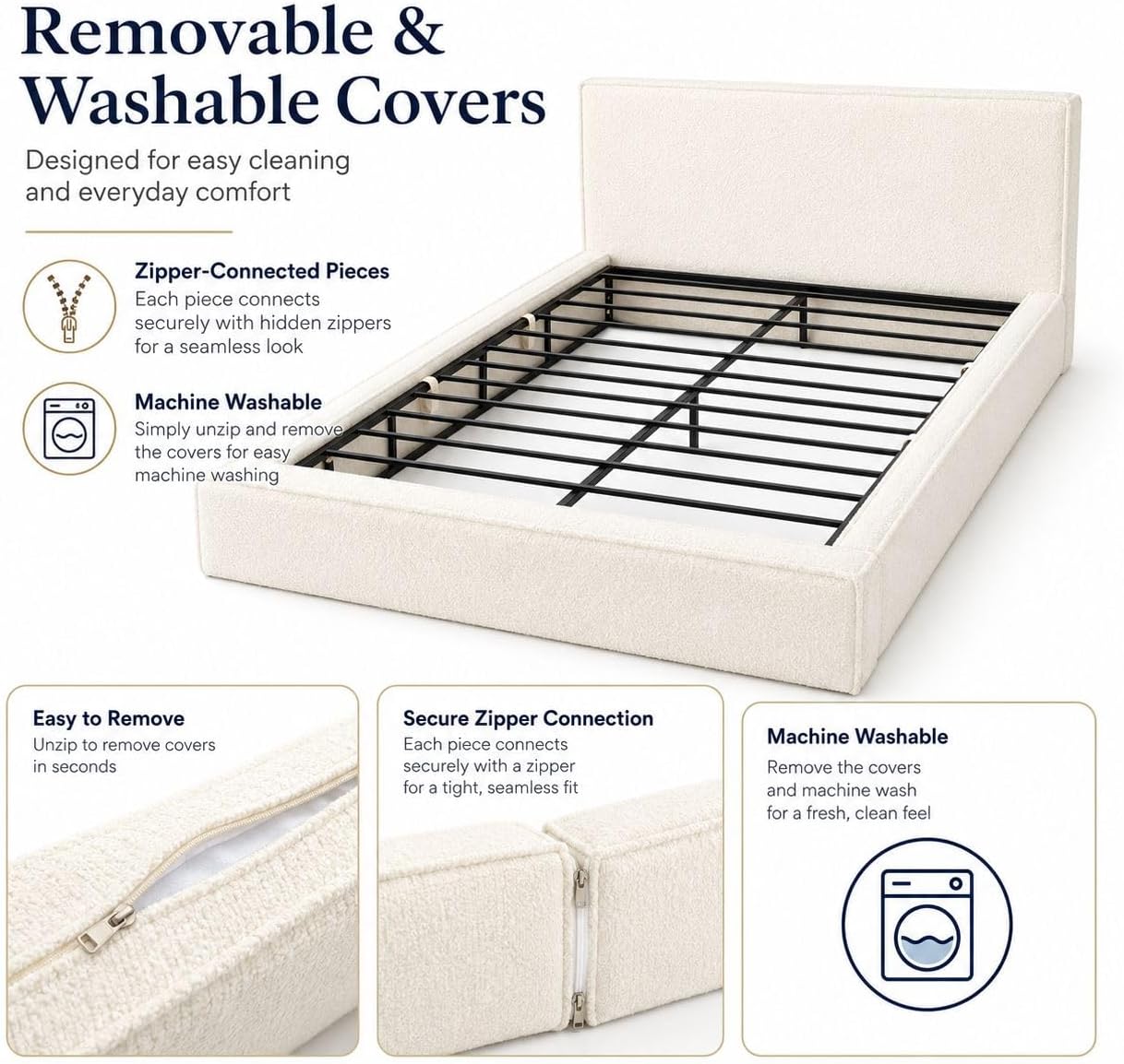 Bed - Premium Linen - Removable & Washable Cover - Soft Upholstered Minimalist Modern - Box Spring NOT Included (Cream Boucle, King)