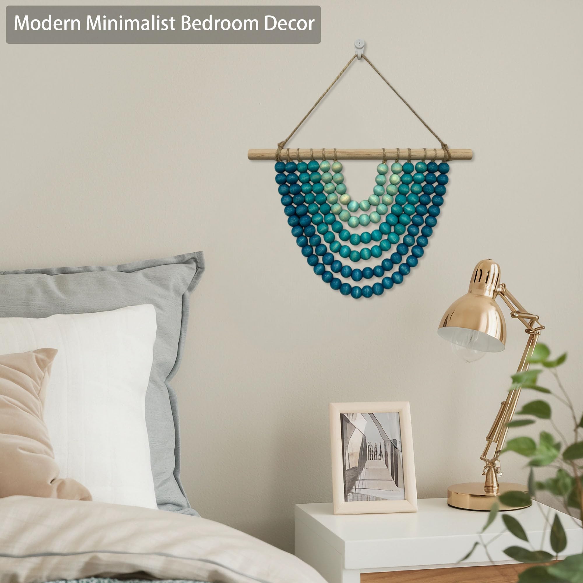 Boho Chic Wooden Bead Garland Wall Hanging Tapestry, Natural-Inspired Handcrafted Home Decor for Living Room, Bedroom, Entryway, Nursery, Apartment & Dorm (Coastal Breeze Gradient, 12 Inches)