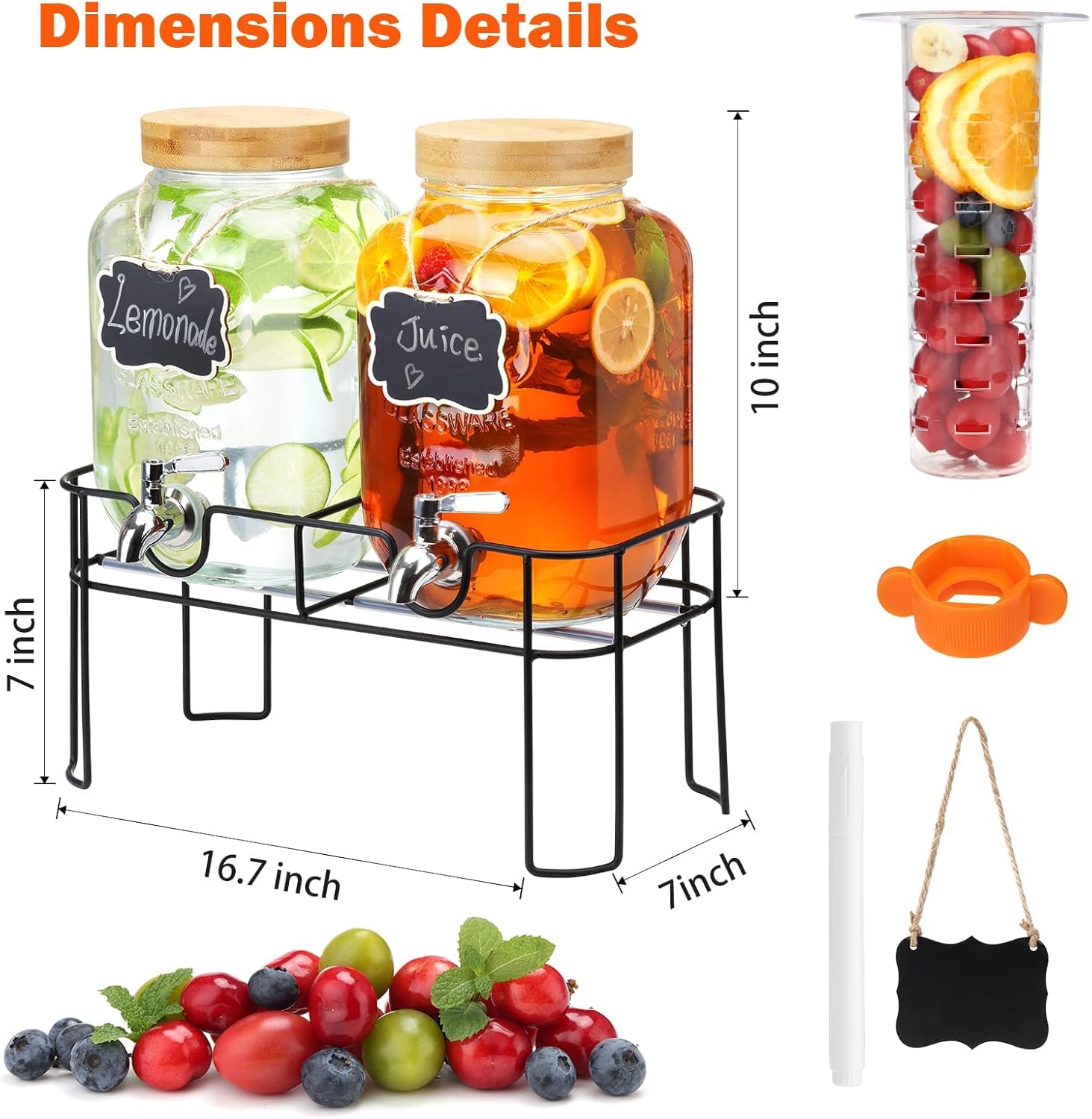 2 dispensadores de bebidas de 4 litros con soporte, dispensador de bebidas de cristal con grifo de acero inoxidable sólido para té helado, agua, bebidas caseras, fiestas, bodas