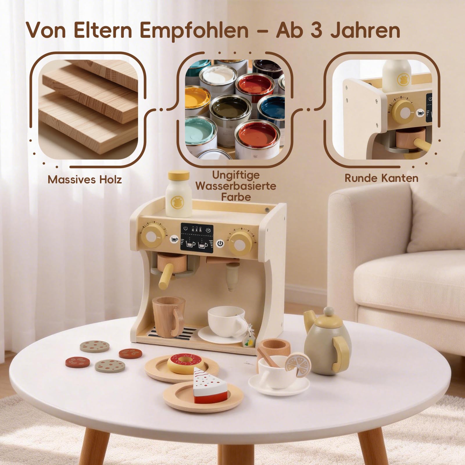 Holz Kaffeemaschine Spielzeug für Kinder, Montessori Espresso Maschine zum Rollenspiel mit Kaffeetassen und Desserts, Kinderküche Spielzeug, Geschenk für Jungen & Mädchen