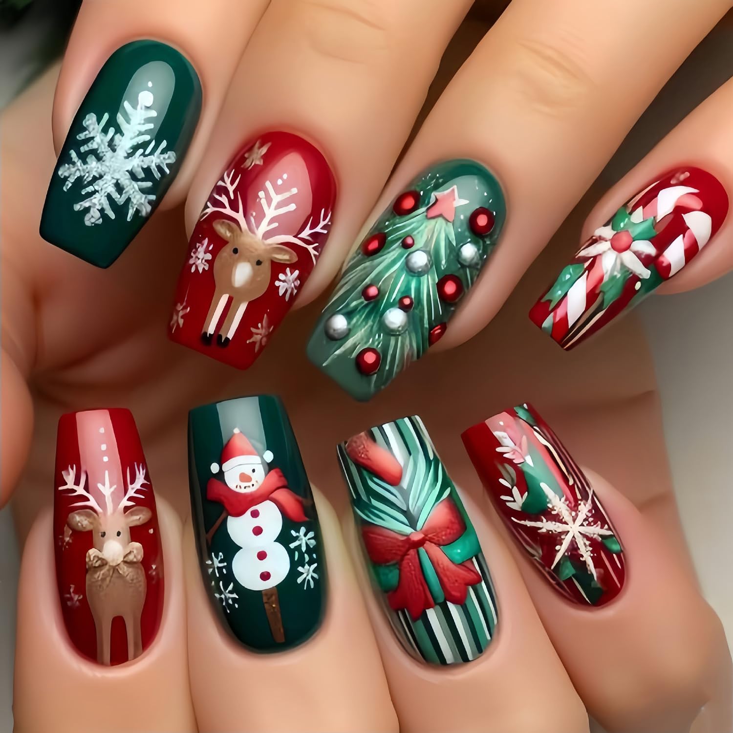 Christmas Press on Nails Medium Length Glossy Acrylic Square Shaped Winter False Nails with Snowflake Designs Artificial Square Xmas Holiday Fake