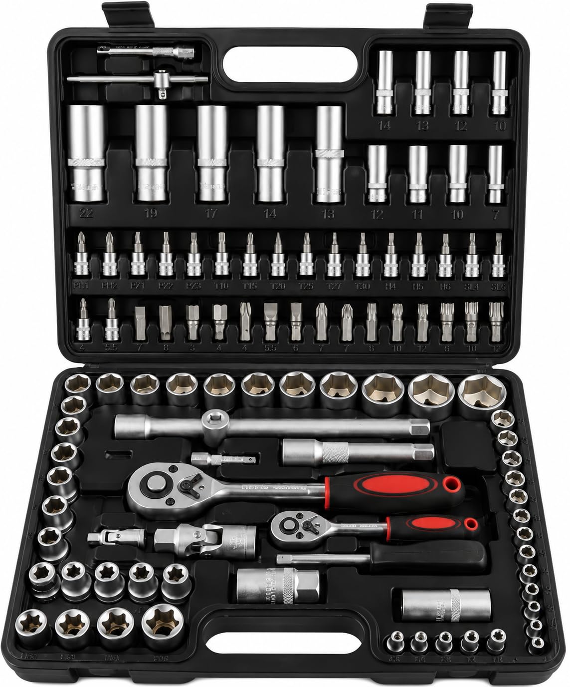 Set Chiavi a Bussola 108 Pezzi con Cricchetto Reversibile 1/4" e 1/2", Cassetta Attrezzi Professionale in Acciaio Cromo Vanadio, Kit Bussole e Punte per Meccanica Auto e Fai da Te