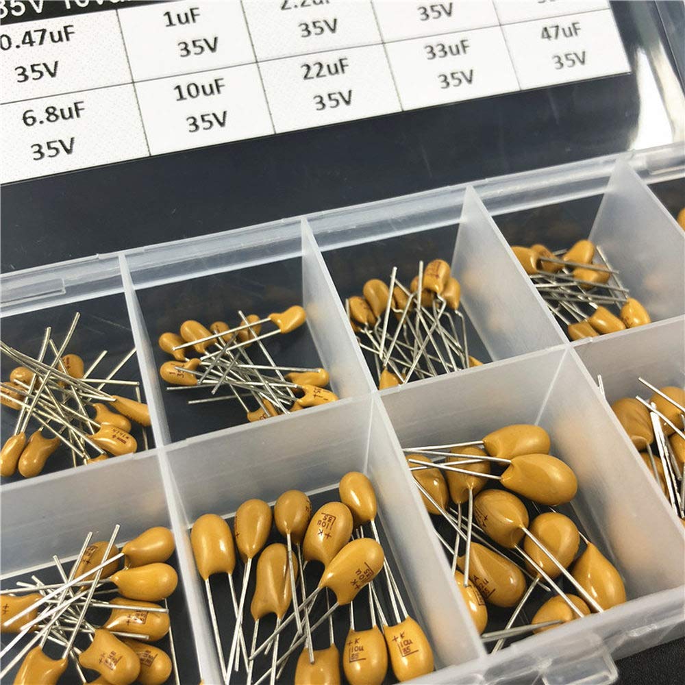 Accesorios electrónicos 10 valores 100 piezas 35 V 0,47 uF 1 uF 2,2 uF 3,3 uF 4,7 uF 6,8 uF 10 uF 22 uF 33 uF 47 uF condensador de tantalio kit surtido con caja de almacenamiento Dispositivos electrón
