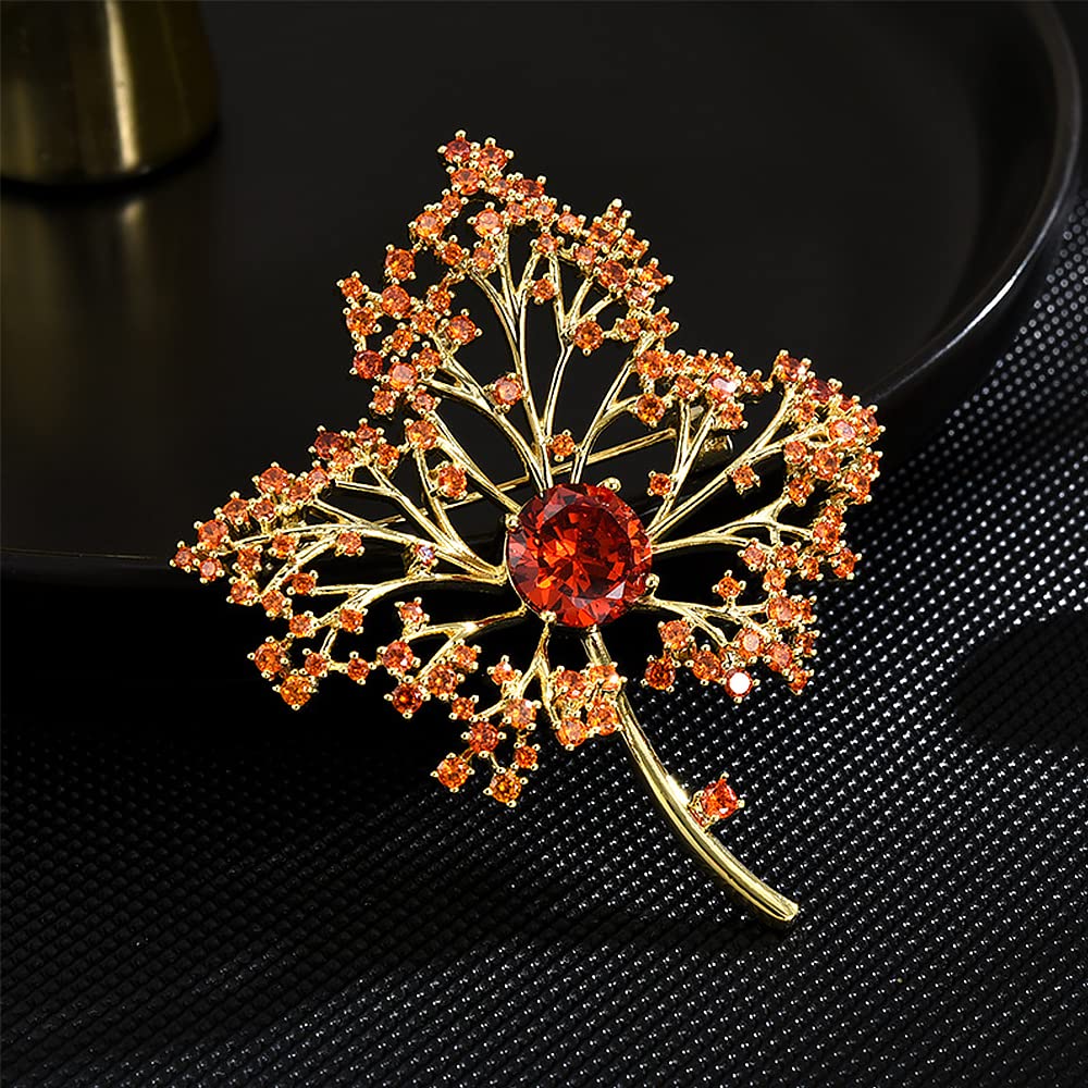 Broche con Forma de Hoja de Arce para Mujer, joyería Hueca de circonita Naranja y roja, Regalo para Solapa, Ideal para otoño.
