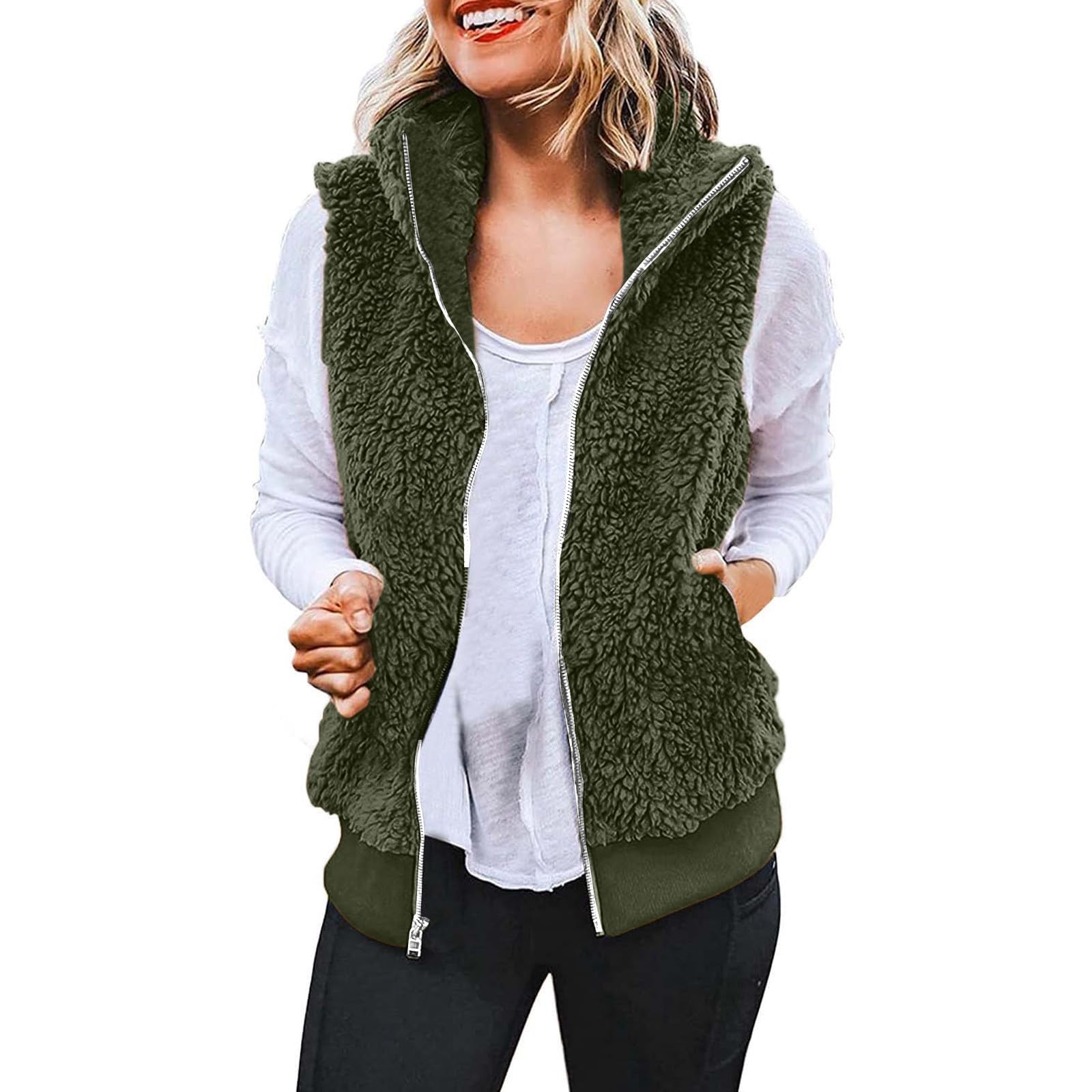 Oversized Women's Fuzzy Fleece Vest with Zipper Pocket for Fall/Winter