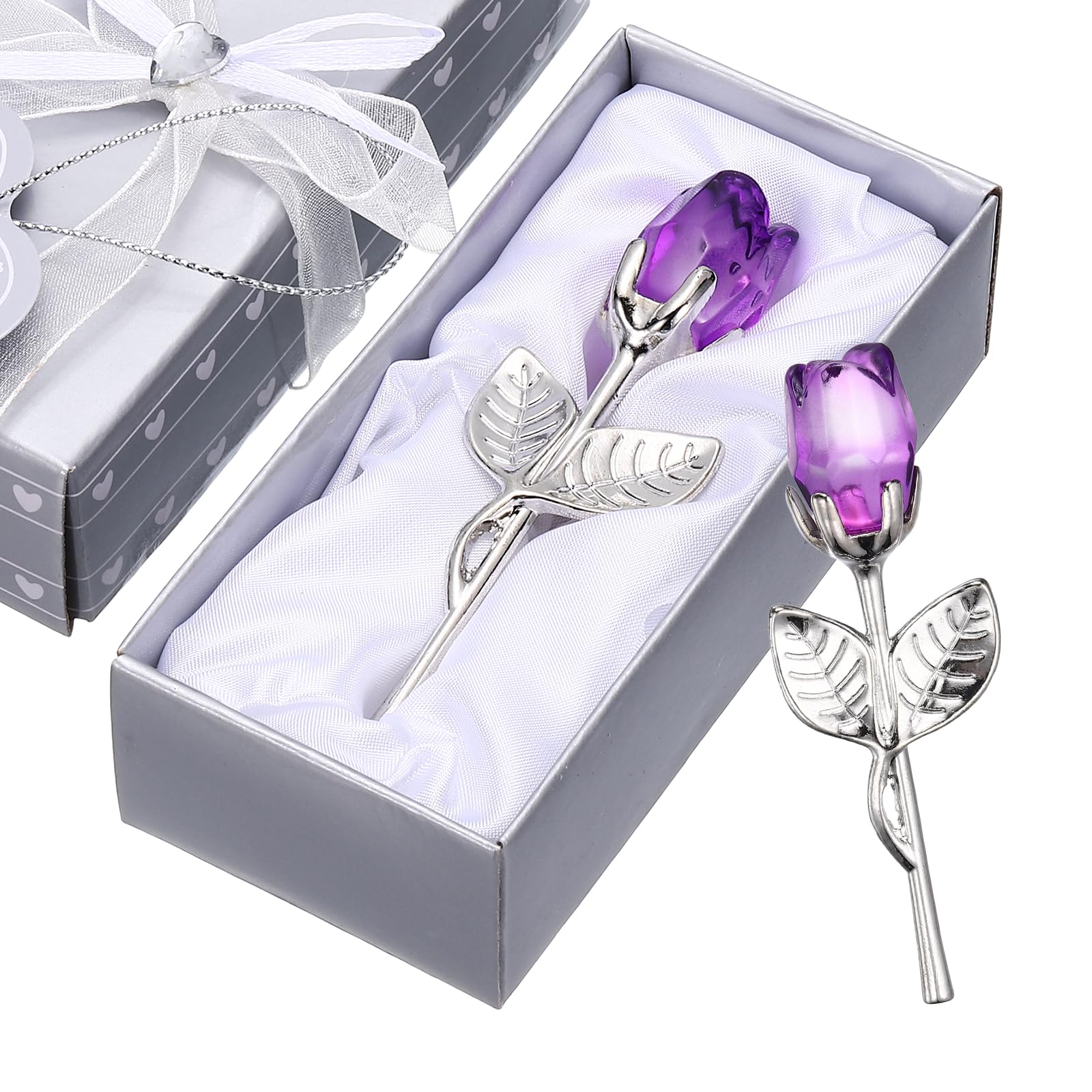 sourcing map 2 Pcs Mini Crystal Rose with Box, Romantic Crystal Rose Flowers Rose Gifts for Birthday Valentine's Day Gifts, Purple&Silver