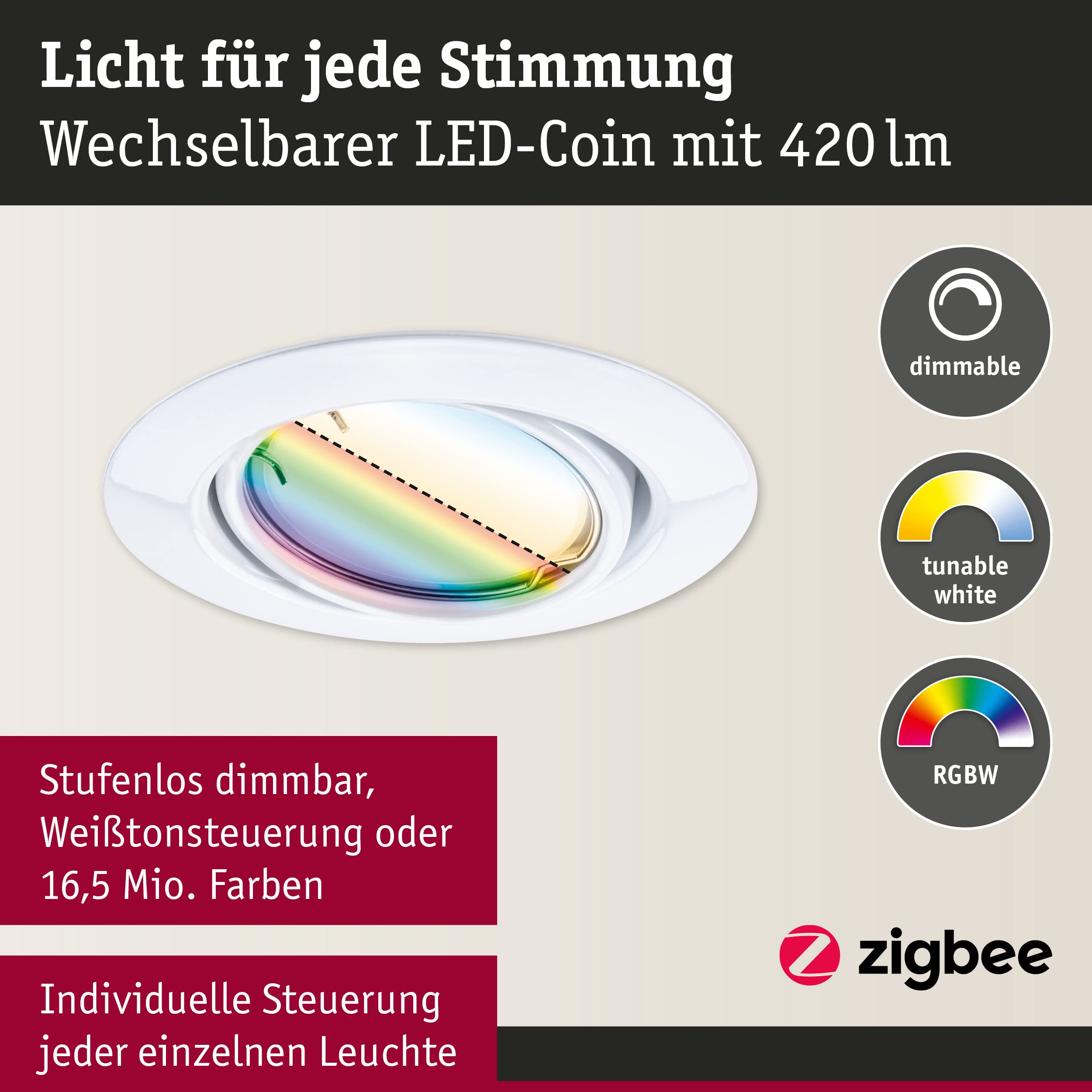 Paulmann 92466 LED Einbauleuchte Base Smart Home Zigbee Basisset schwenkbar rund 230V 3x4,9W 3x420lm dimmbar 90mm Weiß Metall RGBW+