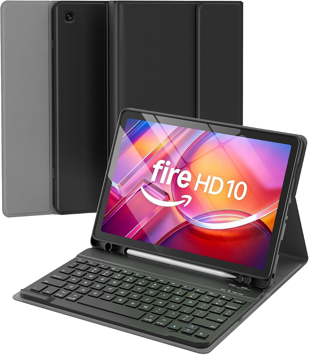 for Amazon Fire HD 10 11th Gen 2021 Tablet Case with Keyboard, 10 Plus 13th Gen 2023 10.1 inch Multi-Angle Folio Cover with Stylus Pen Holder, Magnetic Detachable Wireless Keyboard, Black