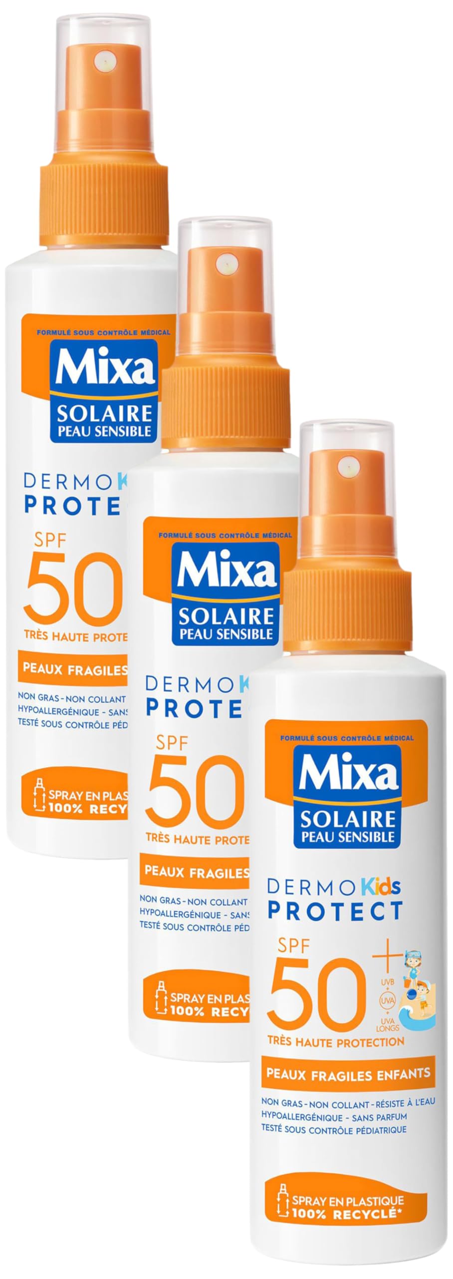 Mixa Solaire Peau Sensible - Spray Solaire Très Haute Protection SPF50+ UVA, UVA longs, UVB - Peaux Fragiles Enfants - Résistant à l'Eau - Anti-sable - Hypoallergénique, Sans Parfum - 150ml