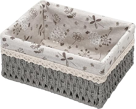 Wicker Storage Baskets, Handwoven Paper Rope Organizer Bins with Removable Floral Liner, Large for Bathroom, Pantry, Shelf, Countertop, Closet Gray, L