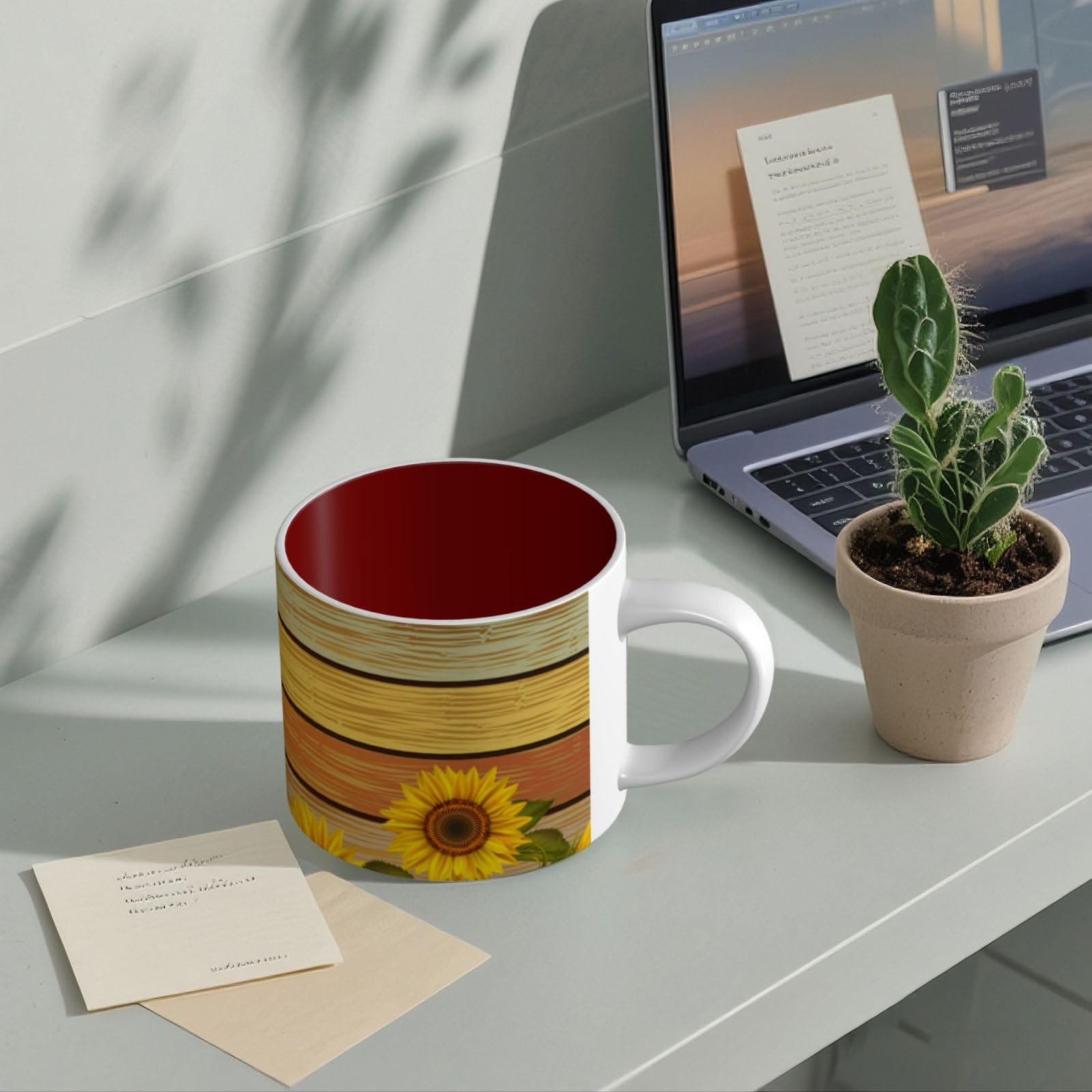 Farbige Holztafel Sonnenblume bedruckt große Kapazität Keramik Tassen Kaffeetasse