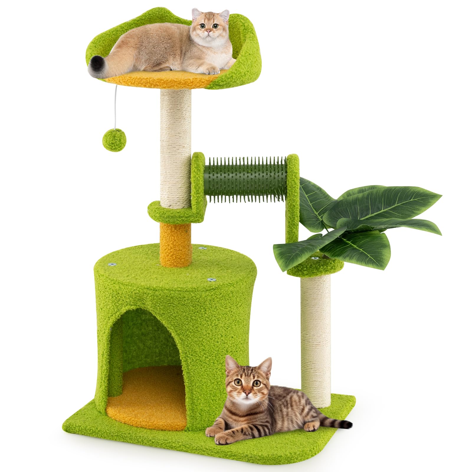 COSTWAY Cat Tree, Multi-Level Cat Climbing Tower with Condo, Self Groomer, Scratching Posts & Dangling Ball, Palm Design Kitten Activity Center for Indoor Cats