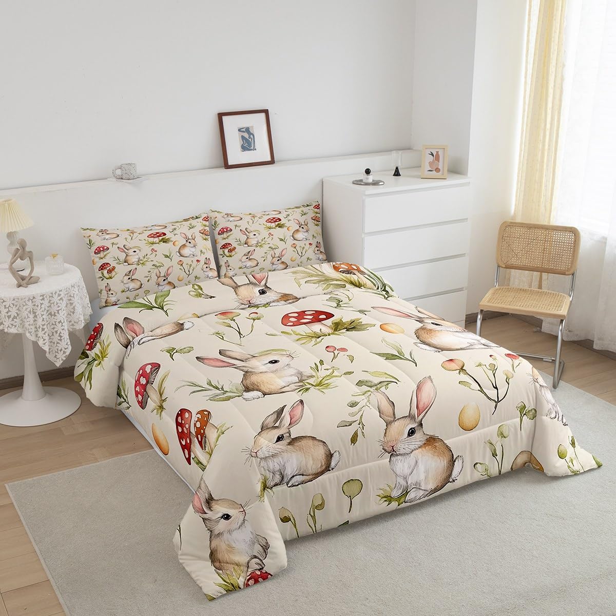 Feelyou Cute Bunny Bedding Set Cartoon Rabbit Comforter Set for Kids Boys Girls Red Mushrooms Quilt Set Colorful Eggs Duvet Quilt with 2 Pillowcases 3Pcs Bedding Full