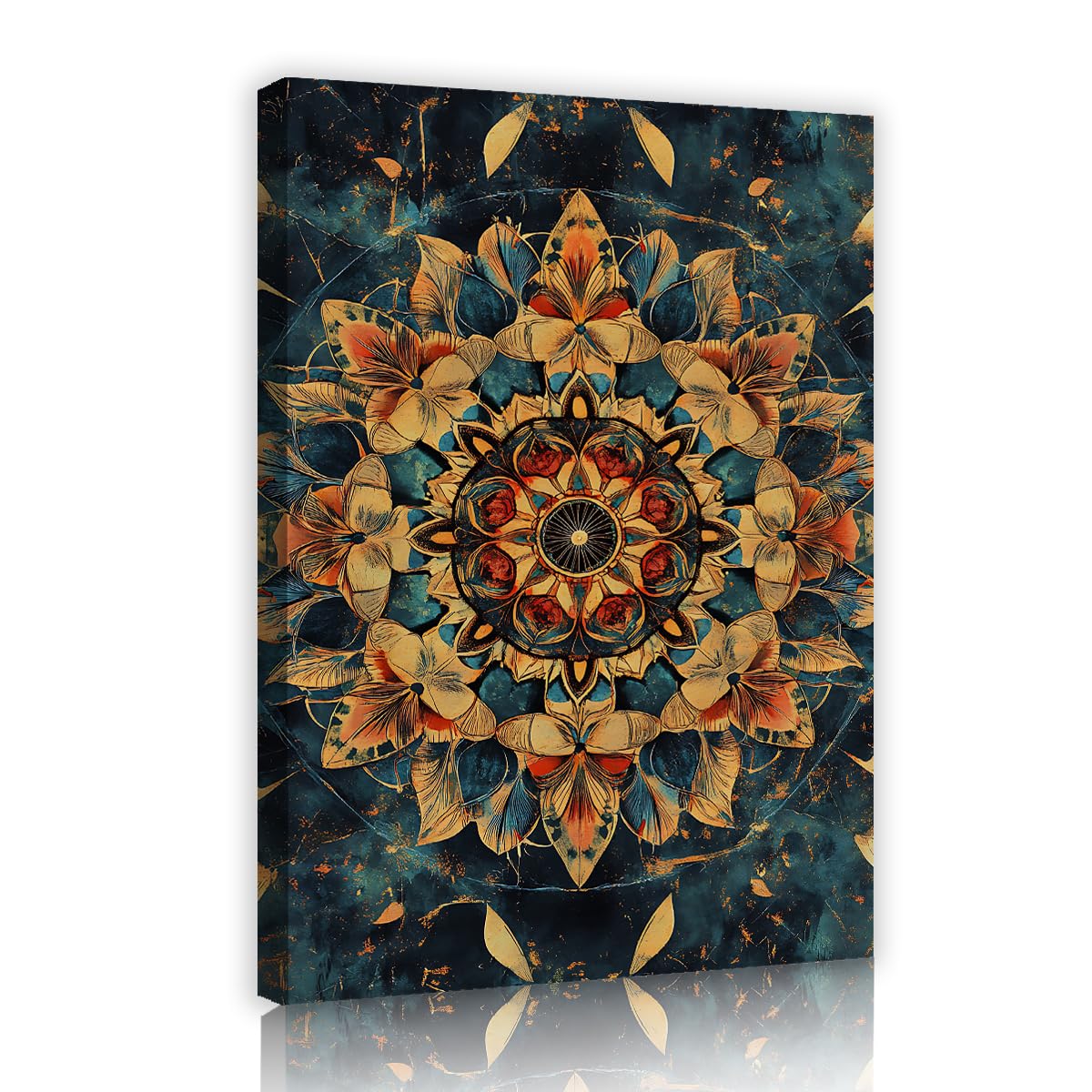Via Vela Vintage Floral Mandala Framed Canvas Wall Art Guest Room Abstract Geometric Blossom Painting Teal Blue Pictures Ready to Hang Artwork for Kitchen Decor 70x105cm