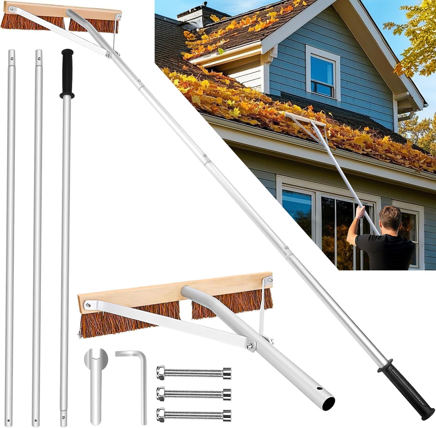 Leaf Roof Brush and Roof Rake, 21 Ft Adjustable Length Roof Cleaning Tool, Remove Roof Leaves Safely, with Natural Brush Head, Lightweight, Easy to Use & Store
