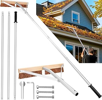 Leaf Roof Brush and Roof Rake, Adjustable Length Roof Cleaning Tool, Remove Roof Leaves Safely, with Natural Brush Head, Lightweight, Easy to Use & Store 21ft