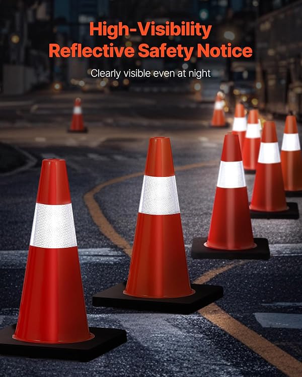 VEVOR Safety Cones, 5 Pack 18" Traffic Cones, PVC Orange Construction Cones with Reflective Collars and Black Weighted Base, for Traffic Control, Driveway Road Parking and School Improvement by VEVOR - Image 2