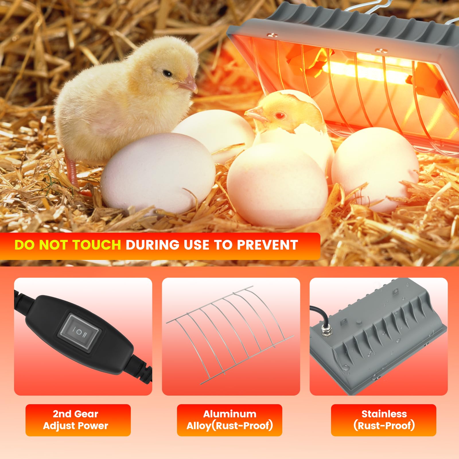 Lampe chauffante pour poulailler, 250 W, lumière rouge, avec interrupteur, câble de 1,8 m, thermostat, lampe chauffante pour poules, animaux pour poussins, porcelets, chiots, etc