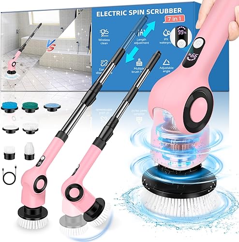 Limpiador eléctrico giratorio, limpiador eléctrico con 7 cabezales de cepillo y mango de extensión, limpiador de ducha inalámbrico IPX7, cepillo de