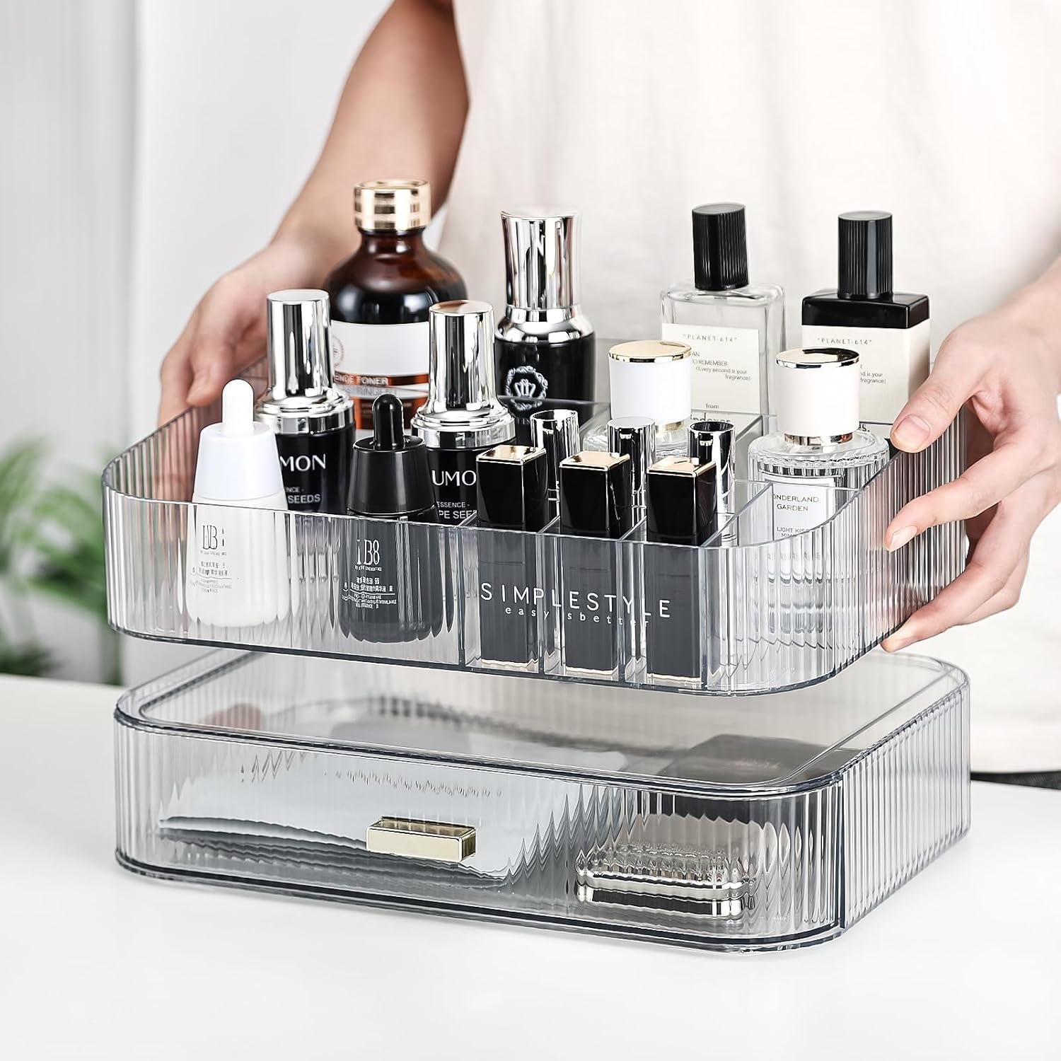 Makeup Organizer with Stackable Drawer,Large Capacity Cosmetic Storage Display Case for Vanity,Ideal for Desk Dresser Countertops Bedroom and Bathroom,Suitable for Perfume Cosmetics Skincare Lipsticks