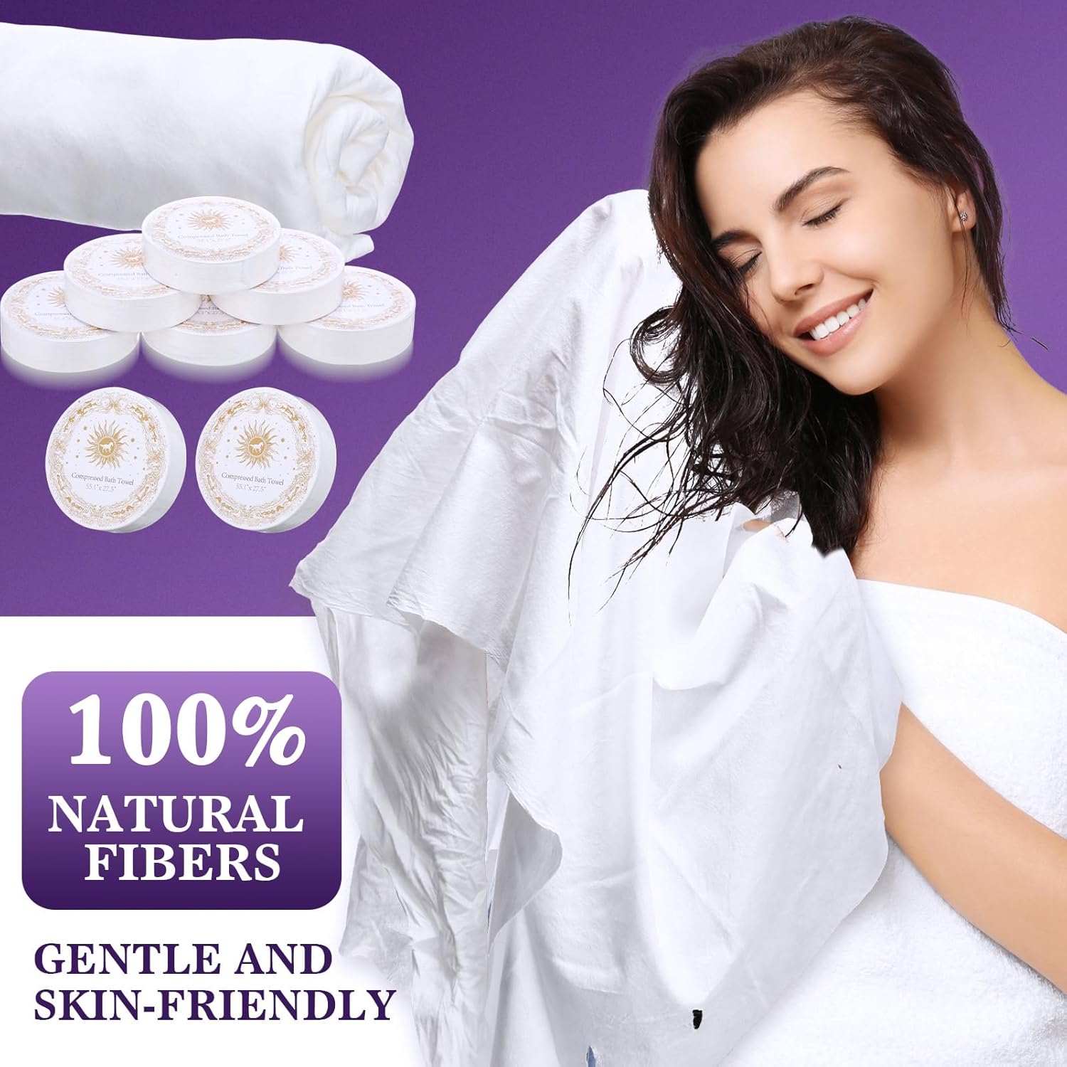 Nuenen 50 Pack Compressed Bath Towels Bulk 55.1" x 27.5" Large Disposable Bath Towel for Travel Reusable Suitable for Hotel Camping Sports Hiking Beach Swimming Vacation