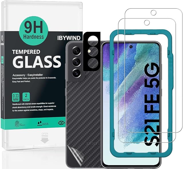 Ibywind Screen Protector for SamSung Galaxy S21 FE 5G/4G, [Pack of 2] with Metal Camera Lens Protector,Back Carbon Fiber Skin Protector,Including Easy Install Kit