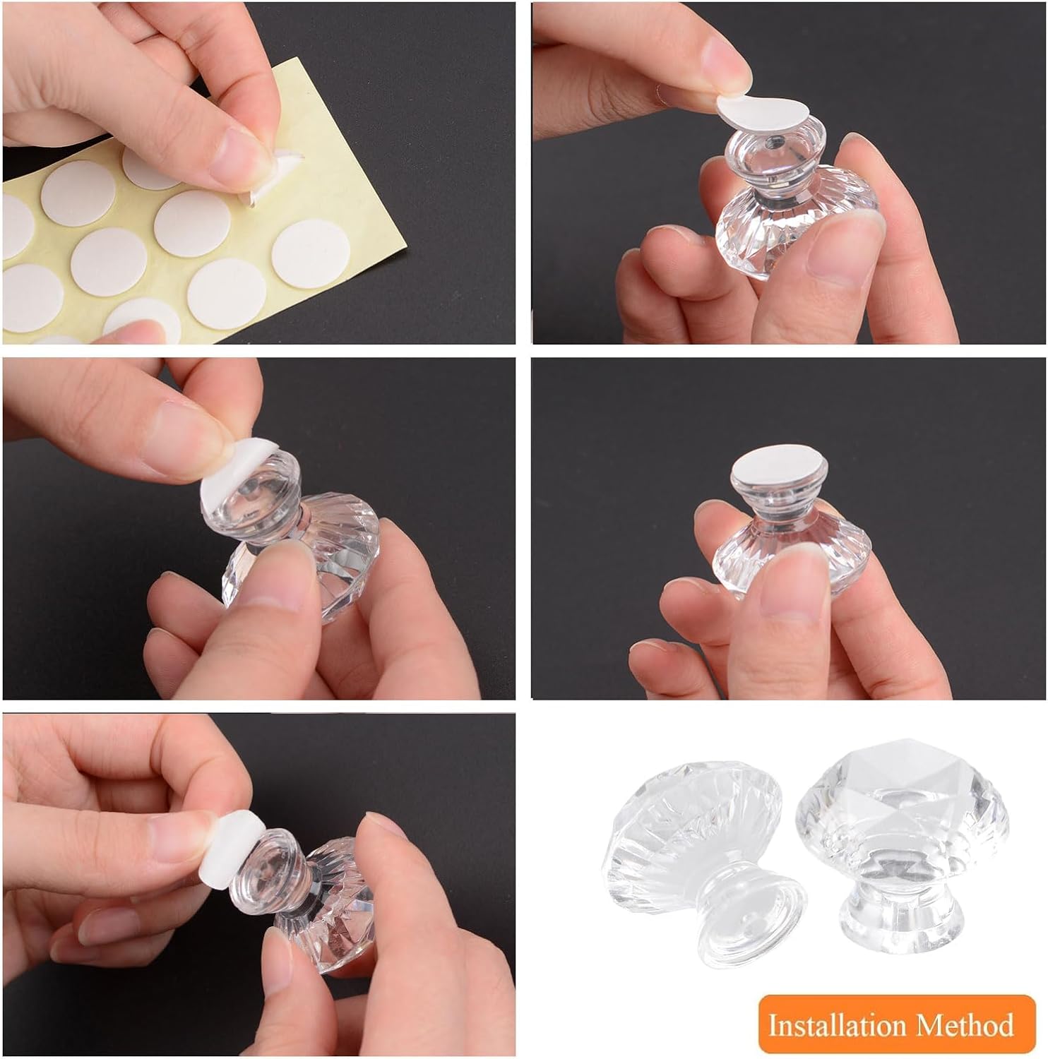 MOROBOR Self Adhesive Cabinet Pull Handle, 16pcs Transparent Acrylic Handles Concave Diamond Acrylic Knobs Cupboard Knobs Without Drill Handle for Kitchen Bathroom Mirror Door