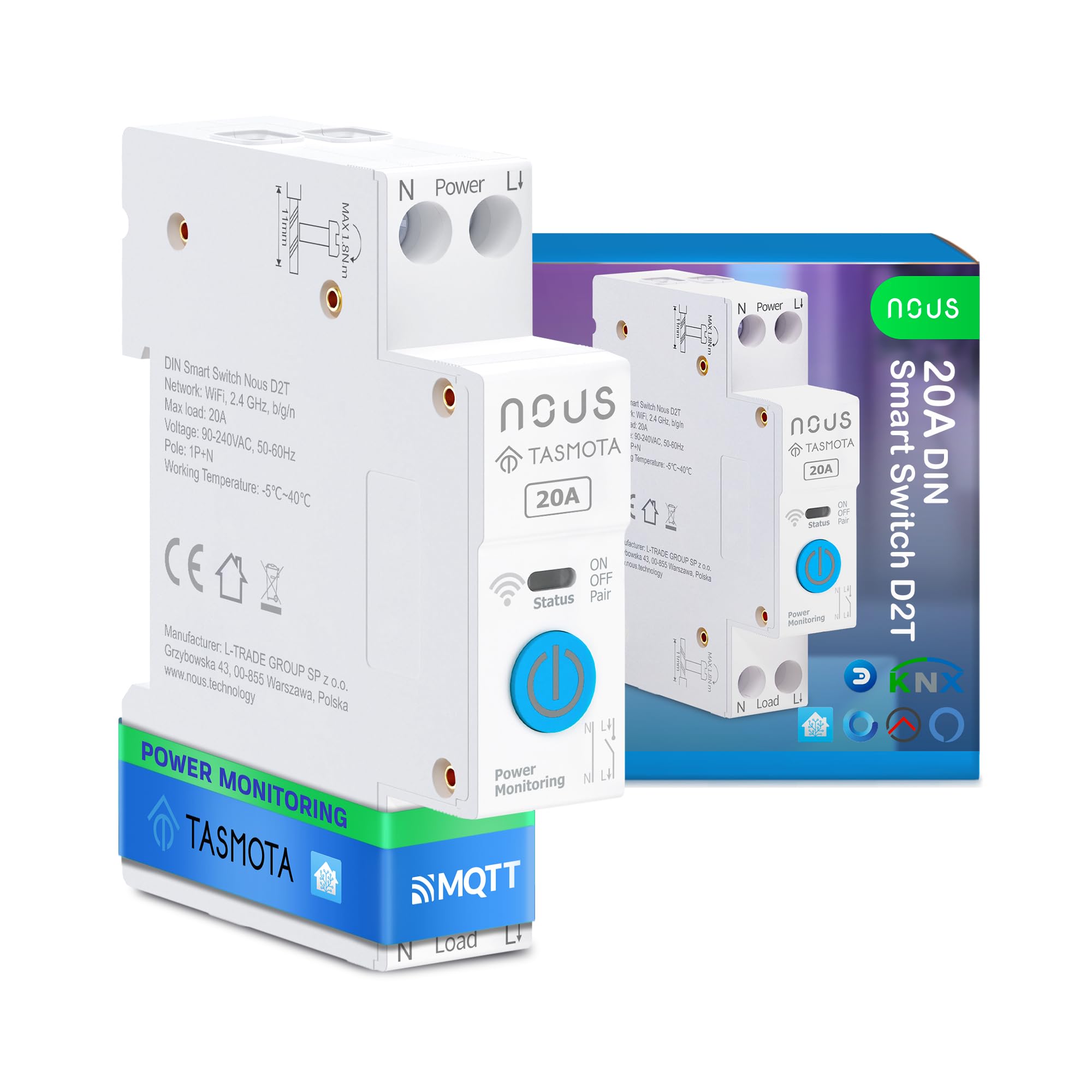 Nous Inteligentny przełącznik DIN 20 A z Tasmota (ESP32), monitorowanie energii, kompatybilny z MQTT, Home Assistant, Matter, sterowanie głosem za pomocą Alexa, Google Assistant