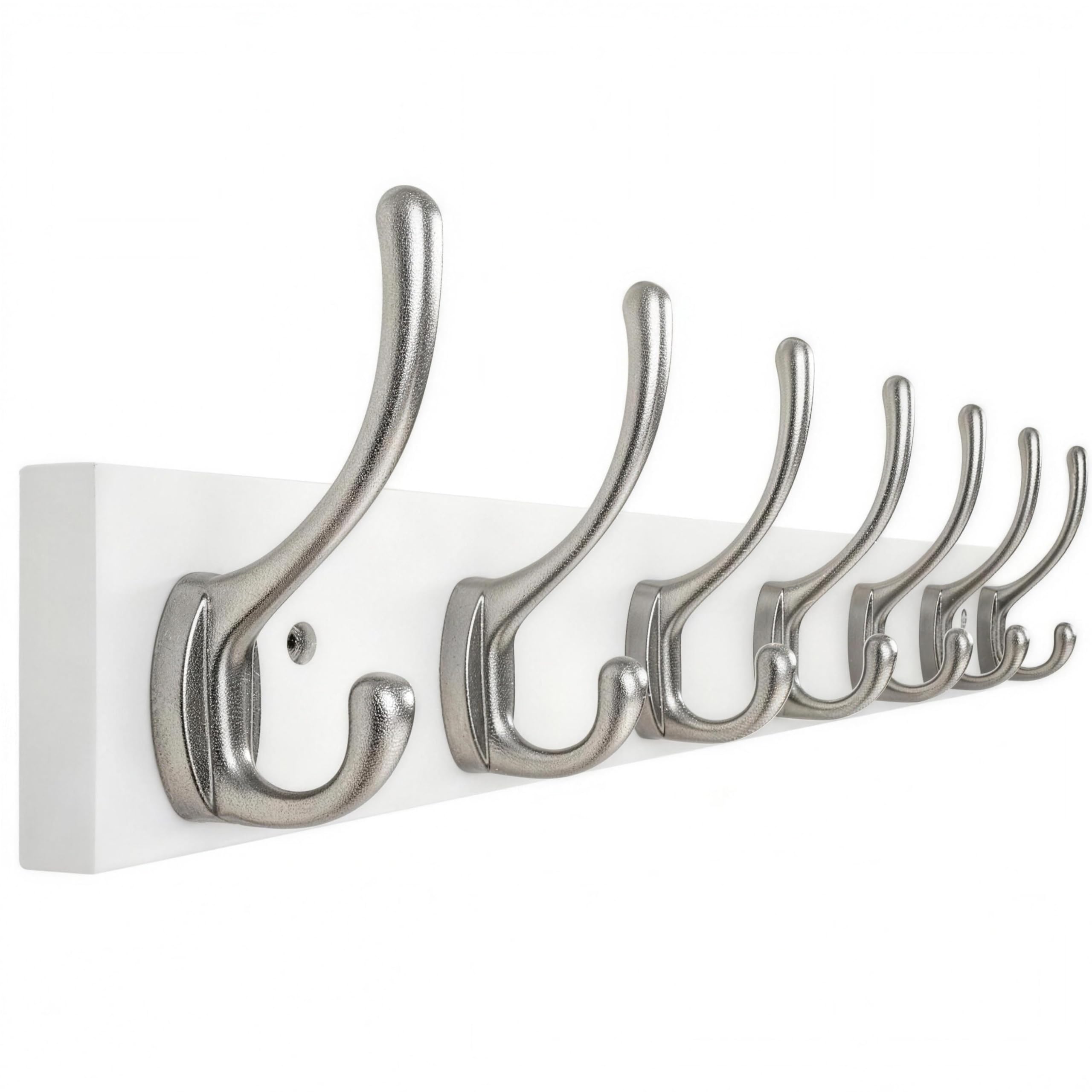 HONSKY Wall Coat Rack - 7 Double Hooks (50cm) | Wooden & Metal Towel/Coat Hanger for Entryway, Bathroom, Bedroom, Garage | Easy Install | White Base/Nickel Hook