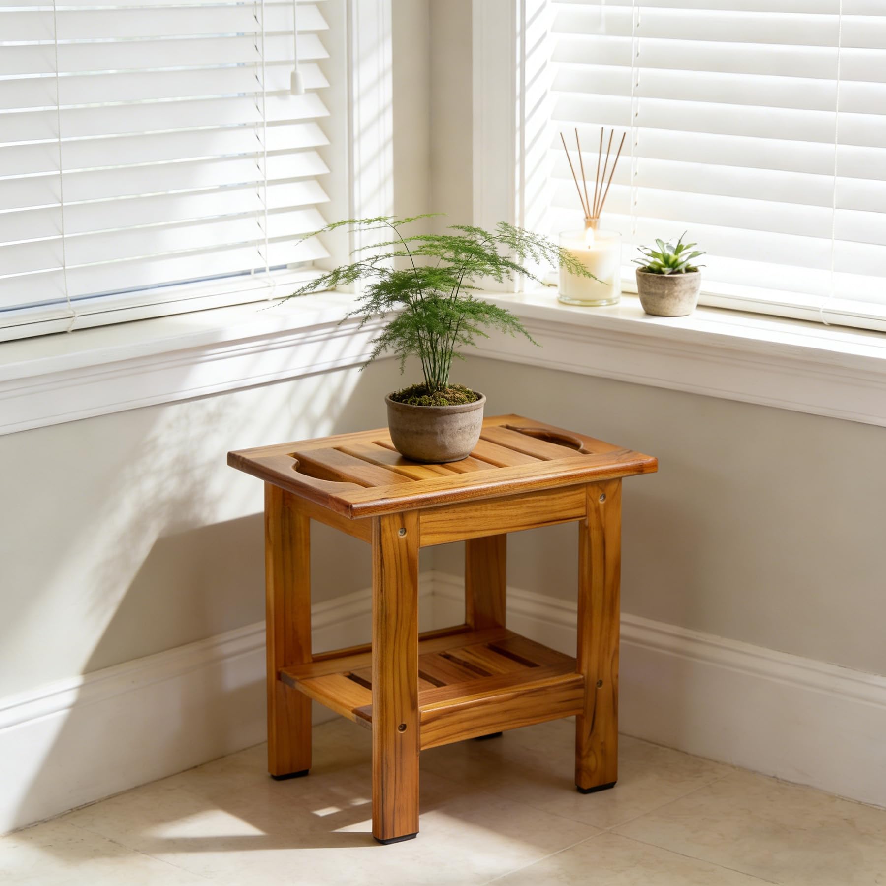Utoplike Tabouret de Douche en Teck Petit avec Étagère, Poignée | Banc de Douche en Bois pour L'Intérieur, Tabouret de Douche Compact, Pieds Antidérapants, Siège de Douche à 2 Niveaux