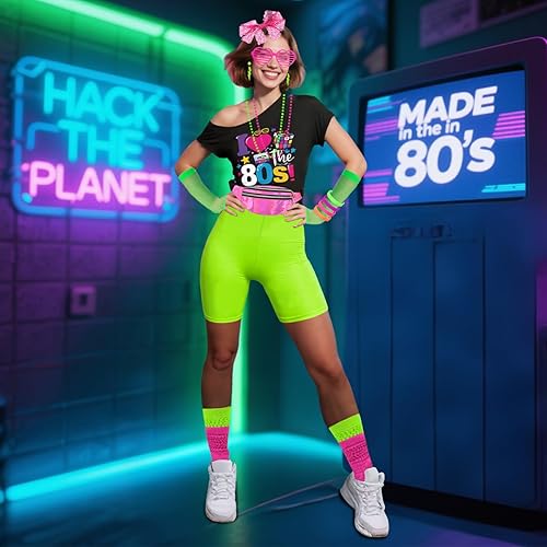 Miniatura 5 de Xintorch Accesorios de los años 80 para mujer, calcetines de neón de los años 80, riñonera holográfica de encaje, diadema, aretes, guantes de red