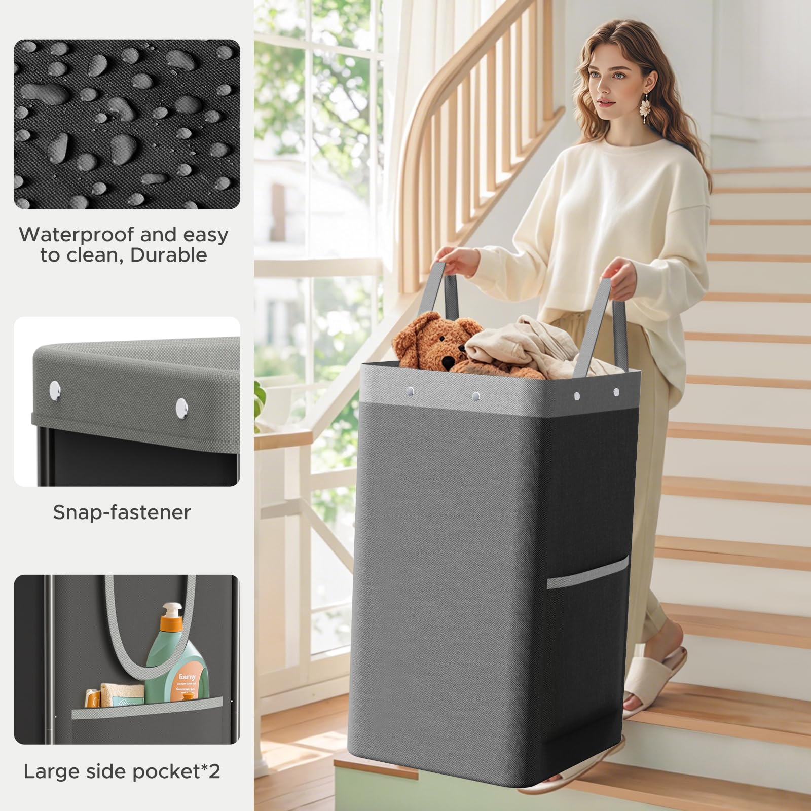 JYPS Cesta de lavandería grande de 150 L, con ruedas y asa, cestas de lavado extraíbles y 2 bolsas laterales, bolsa de lavandería de tela Oxford impermeable para almacenamiento de ropa sucia