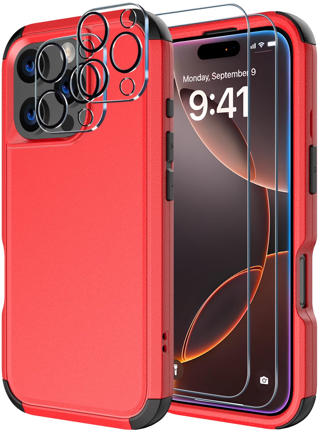Diverbox for iPhone 16 Pro Max Case [Shockproof] [Dropproof] [Tempered Glass Screen Protector + Camera Protectors] Heavy Duty Protection Phone Case Cover for Apple iPhone 16 Pro Max (Red)