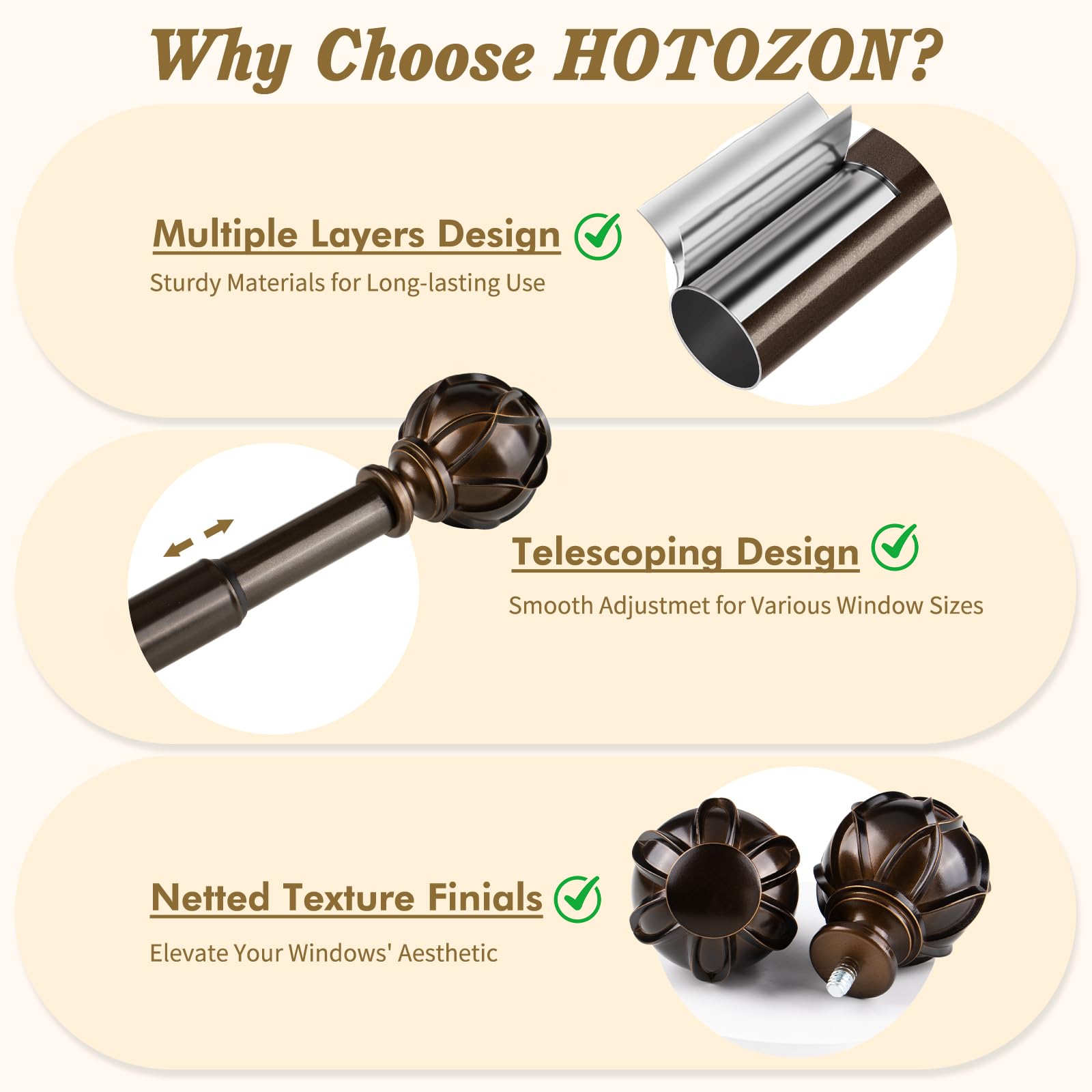 HOTOZON Lot de 2 tringles à rideaux simples de 167 à 304 cm pour fenêtres, tringle à rideaux simple de 1,9 cm avec embouts en filet, bronze antique