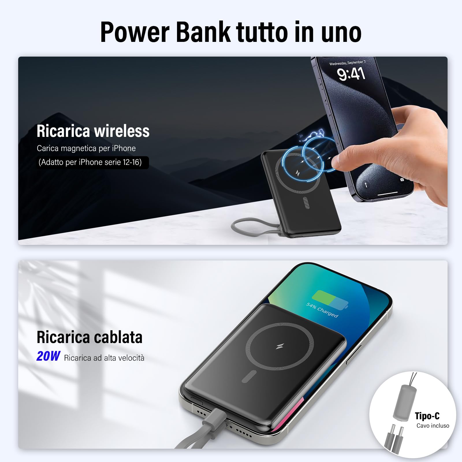 Magsafe Power Bank 5000mAh, Caricatore Portatile Magnetico, Slim PD 20W Ricarica Rapida Wireless PowerBank, USB-C Battery Pack cavo di Ricarica con Cordino per iPhone 16/15/14/13/12/Pro/Pro/Max