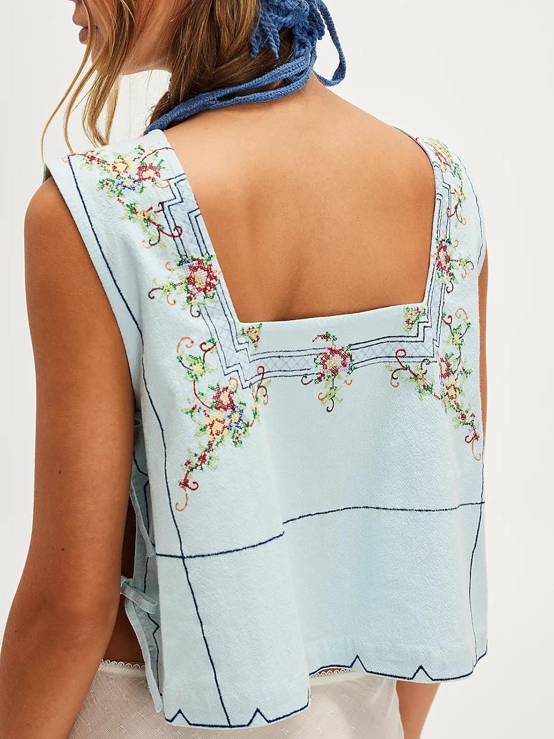 Womens Side Tie Tank Tops Summer Floral Embroidered Sleeveless Square Neck Boho Babydoll Casual Camisole Shirt - Image 2