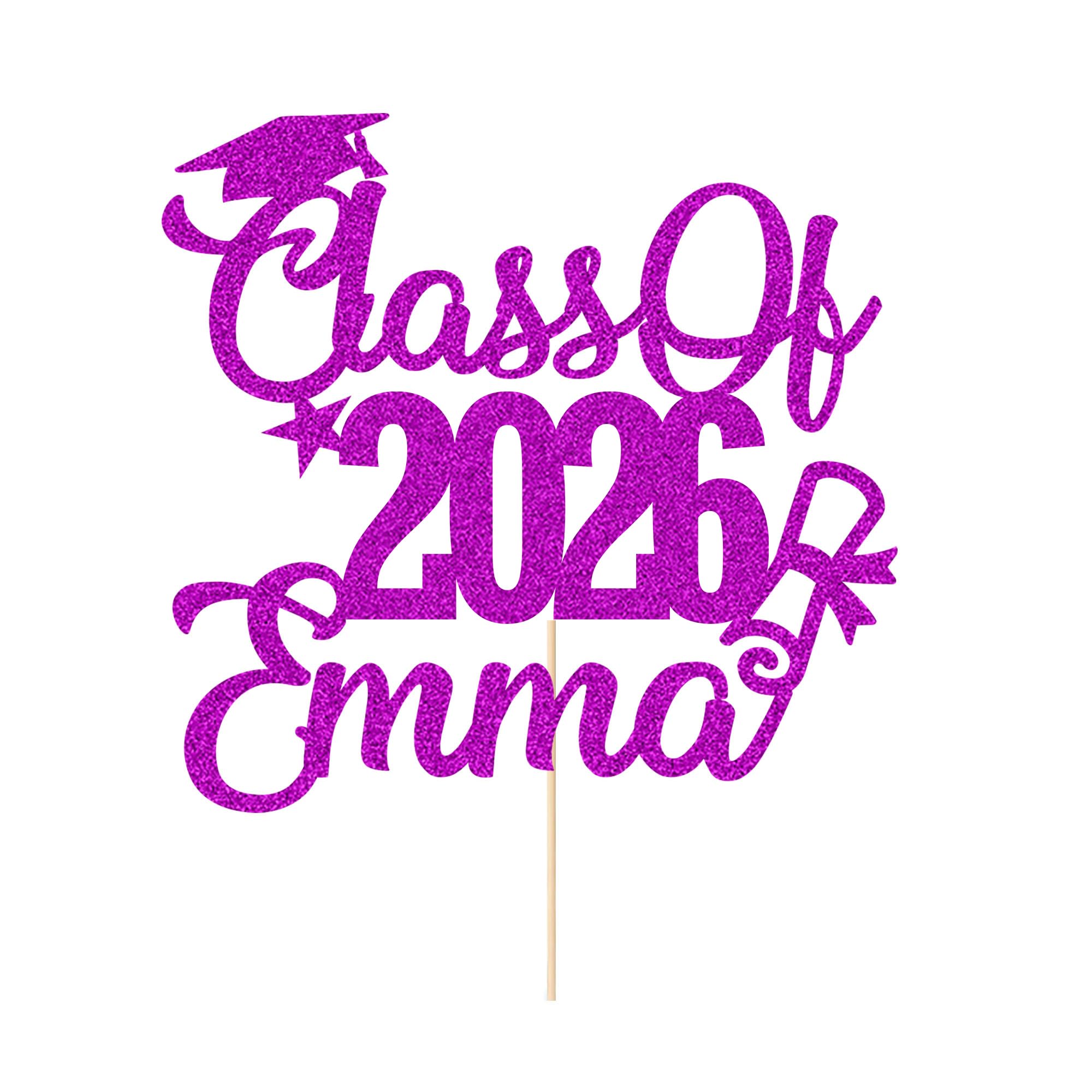 Personalised Cake Topper Custom Congrats Graduation Hat Student Class of 2026 Double Sided Glitter Card Purple