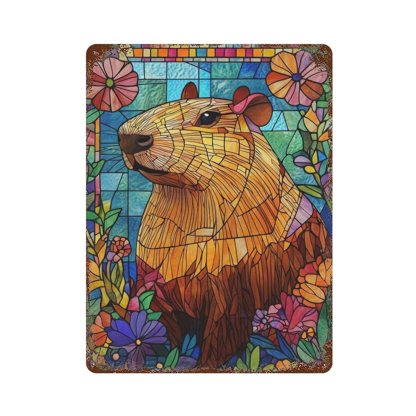 Aged Metal Wall Plaque with Stained Glass Capybara Design 15.7"x11.8", for Basement, Hobby Room And Garage Decor, Farmhouse Wall Decor