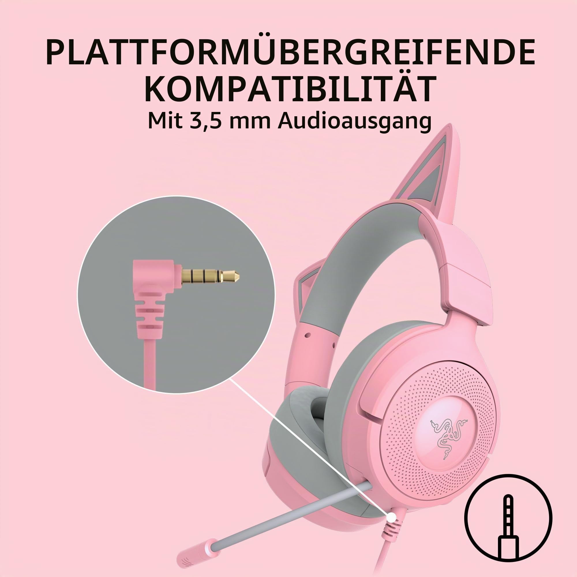Razer Kraken Kitty V3 X Wired Gaming Headset: Kitty Ears - HyperClear Cardioid Mic - 40 mm Drivers - 7.1 Surround Sound 3.5mm PC, PS5, Xbox, Switch 2 - Pink (Generalüberholt)