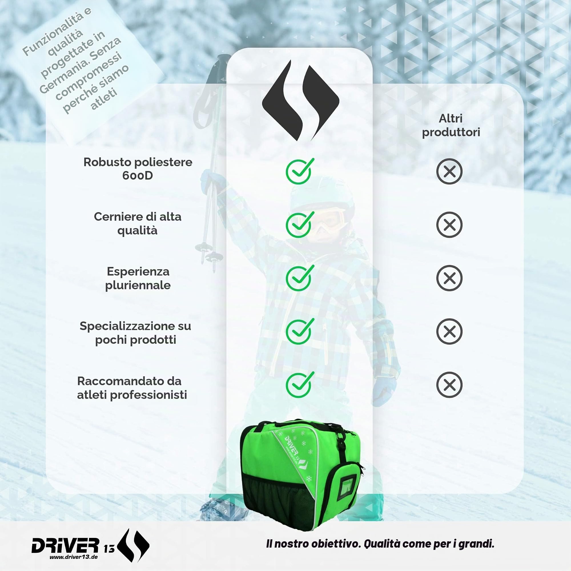 Driver13 borsa scarponi da sci per bambini (bootbag), borsa per scarponi da sci e boots snowboard, maniglia, verde